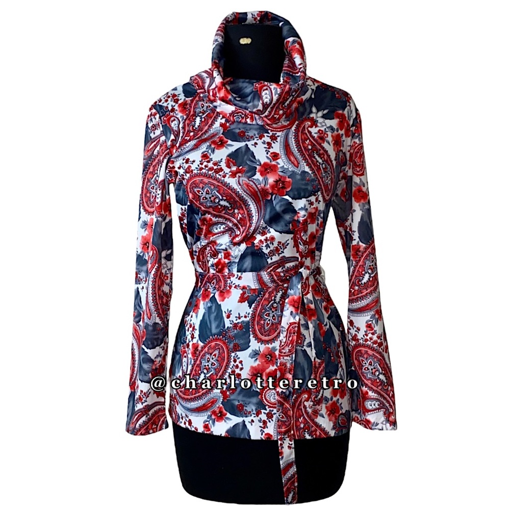 70s vtg Poly Floral Paisley Blouse w Belt